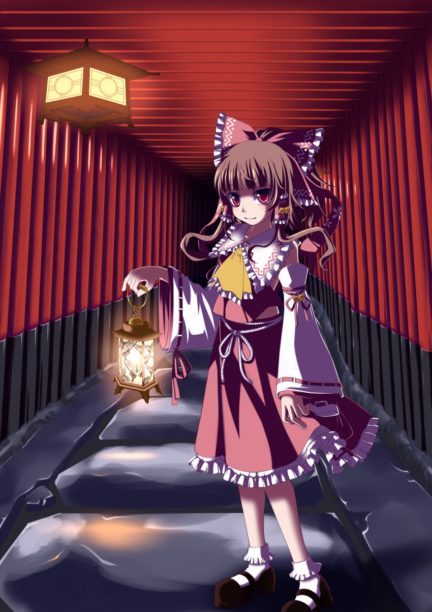 ascot, bell, bobby_socks, bow, brown_hair, detached_sleeves, hair_bow, hair_tubes, hakurei_reimu, highres, juuya_(kisaragi18), lantern, mary_janes, miko, multiple_torii, red_eyes, shoes, skirt, socks, solo, standing, torii, touhou, white_legwear