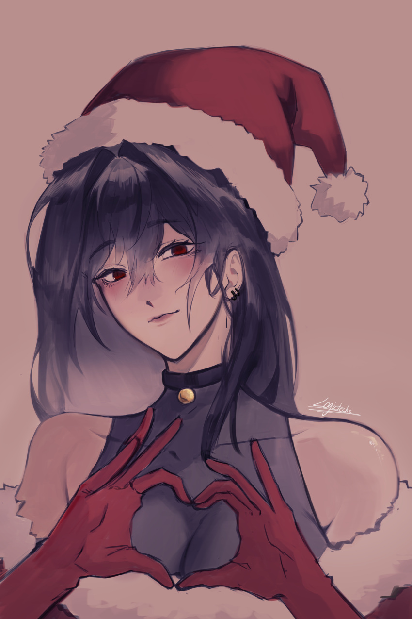 1girl, absurdres, alternate_costume, bell, black_hair, blush, clothing_cutout, fur_trim