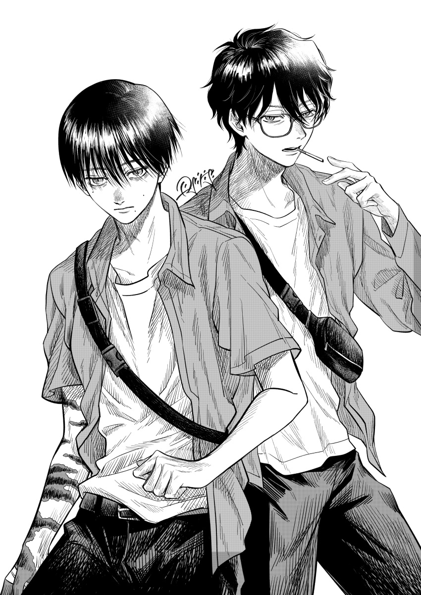 2boys, absurdres, belt, cigarette, commentary_request, crossbody_bag, glasses, greyscale