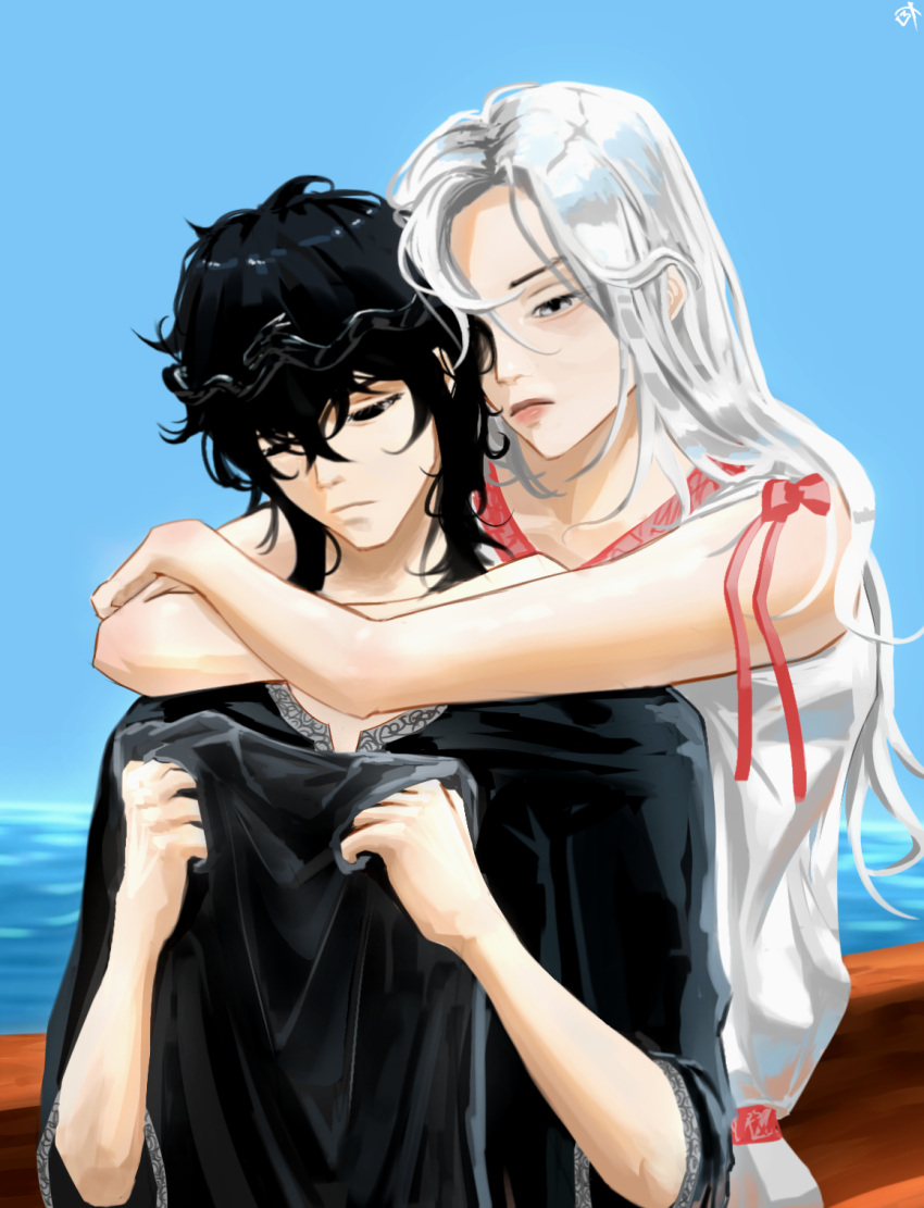 1boy, 1girl, arm_around_neck, black_eyes, black_hair, black_tunic, commentary, dress