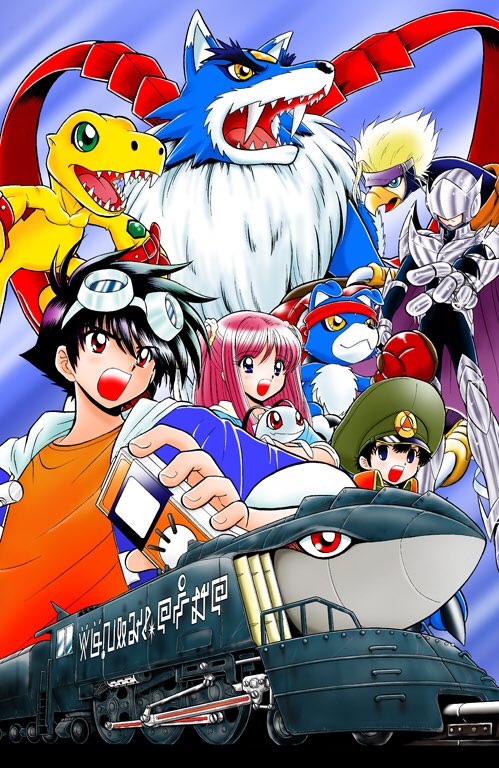 1girl, 4boys, agumon_(digimon_savers), armor, armored_boots, belt, bird, black_bodysuit