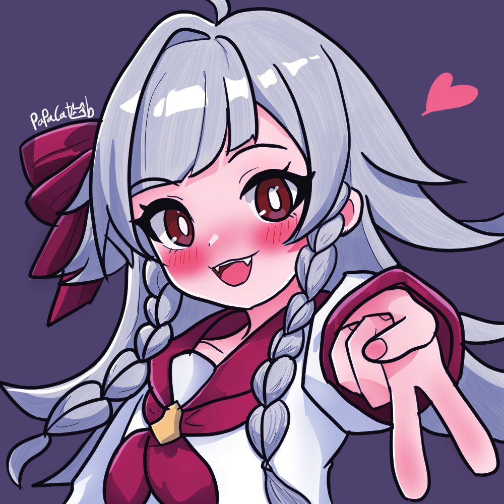 1girl, :d, alternate_costume, artist_name, bow, braid, fangs, gyaru_v