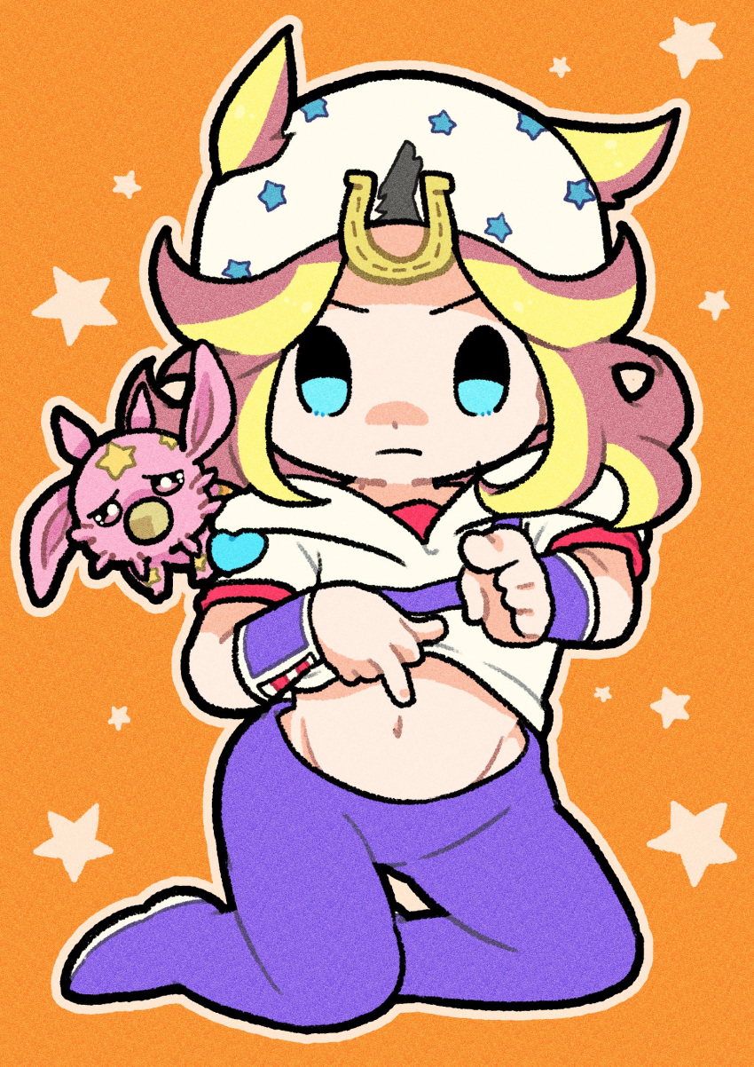 1boy, blonde_hair, blue_eyes, chibi, chibi_only, colored_skin, commentary, guido_mista's_pose, hat, heart_ornament, highres, hood, hood_down, hoodie, horseshoe_hat_ornament, horseshoe_ornament, johnny_joestar, jojo_no_kimyou_na_bouken, jojo_pose, kneeling, m_a_a_m_8, male_focus, medium_hair, midriff, navel, orange_background, pants, pink_skin, pointing, pointing_at_viewer, purple_pants, red_sleeves, short_sleeves, stand_(jojo), star_(symbol), star_print, steel_ball_run, symbol-only_commentary, tusk_(stand), tusk_act1, two-tone_sleeves, white_hat, white_hoodie, white_sleeves, wristband