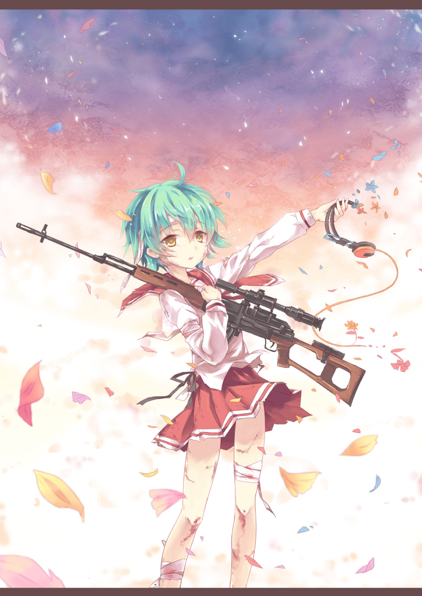 bandage, blood, blue_hair, cuts, dragunov, dragunov_svd, flower, green_hair, gun, hidan_no_aria, highres, injury, north_abyssor, petals, pleated_skirt, reki, reki(hidan_no_aria), reki_(hidan_no_aria), rifle, school_uniform, serafuku, skirt, sniper_rifle, weapon, yellow_eyes