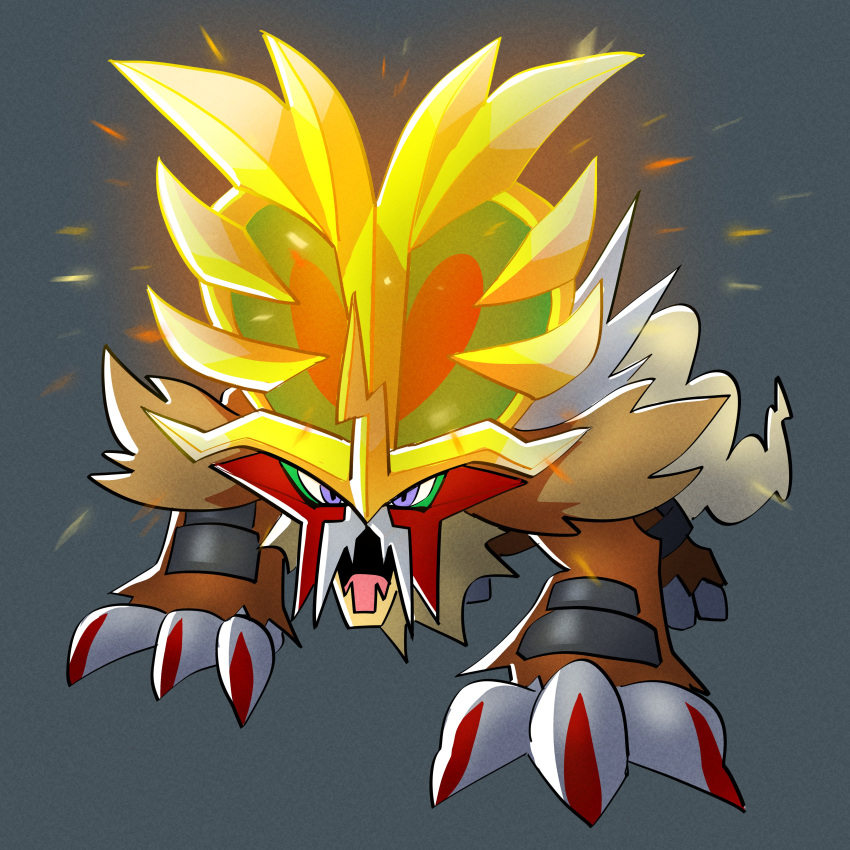 absurdres, animal_focus, berardbro, claws, commentary, full_body, glowing, gouging_fire, grey_background, highres, no_humans, open_mouth, pokemon, pokemon_(creature), pokemon_focus, simple_background, solo, violet_eyes