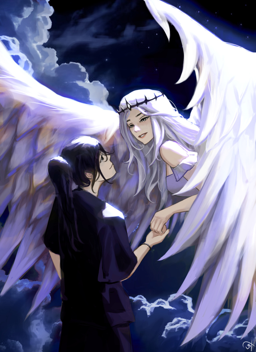 1boy, 1girl, black_eyes, black_hair, black_tunic, clouds, cloudy_sky, commentary