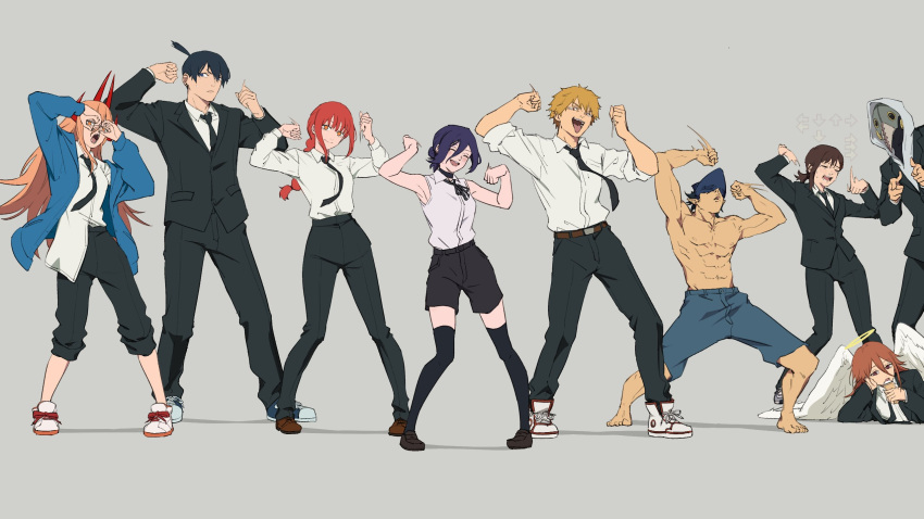 4girls, 5boys, abs, angel_devil_(chainsaw_man), angel_wings, barefoot, beam_(chainsaw_man), bemani, black_choker, black_jacket, black_necktie, black_pants, black_ribbon, black_shoes, black_shorts, black_suit, black_thighhighs, blonde_hair, blue_jacket, blush, braid, braided_ponytail, breasts, brown_shoes, chainsaw_man, choker, closed_eyes, closed_mouth, collared_shirt, commentary, crying, dance_dance_revolution, dancing, demon_horns, denji_(chainsaw_man), eating, fangs, feathered_wings, formal_clothes, full_body, grey_background, hair_between_eyes, hair_bun, halo, hand_glasses, hayakawa_aki, higashiyama_kobeni, highres, hood, hood_up, horns, hyde_(tabakko), jacket, loafers, long_hair, long_hair_between_eyes, looking_at_viewer, looking_to_the_side, lying, makima_(chainsaw_man), medium_breasts, medium_hair, motion_blur, motion_lines, multiple_boys, multiple_girls, neck_ribbon, necktie, on_stomach, open_clothes, open_jacket, open_mouth, orange_eyes, orange_hair, pants, pants_rolled_up, plague_doctor_mask, power_(chainsaw_man), red_eyes, red_hair, red_horns, reze_(chainsaw_man), ribbon, ringed_eyes, shark_boy, shark_head, shirt, shirt_partially_tucked_in, shirt_tucked_in, shoes, short_hair, shorts, sidelocks, simple_background, sleeveless, sleeveless_shirt, sleeves_rolled_up, smile, sneakers, snot, standing, suit, sweat, sweatdrop, thigh-highs, tongue, tongue_out, topknot, topless_male, violence_fiend_(chainsaw_man), white_shirt, white_shoes, white_wings, wing_collar, wings, yellow_halo