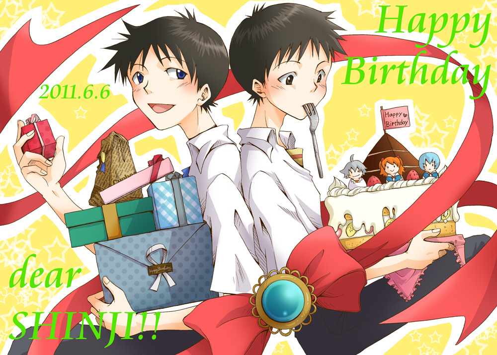 cake, food, happy_birthday, ikari_shinji, nagisa_kaworu, neon_genesis_evangelion, oumi560, soryu_asuka_langley, souryuu_asuka_langley