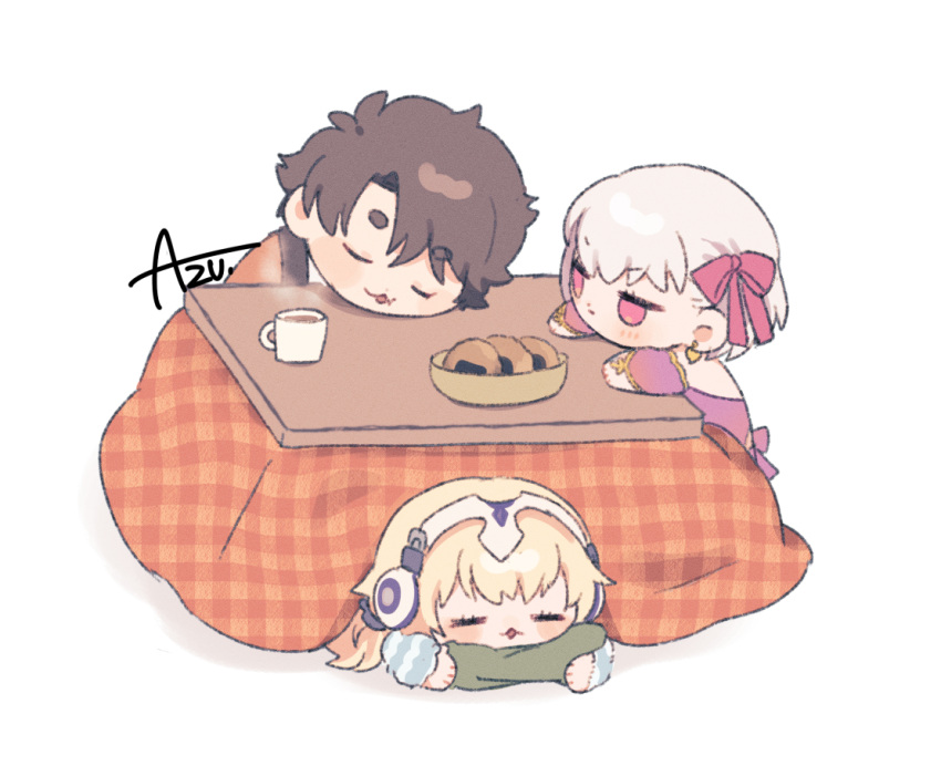 1boy, 2girls, azu_(kirara310), blonde_hair, brown_hair, chibi, chibi_only, commentary_request