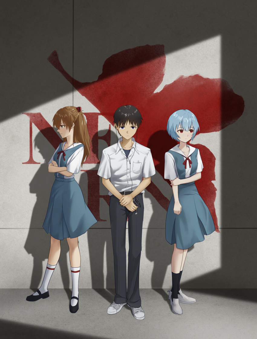 1boy, 2girls, absurdres, ankle_socks, aqua_skirt, ayanami_rei, black_hair, black_pants