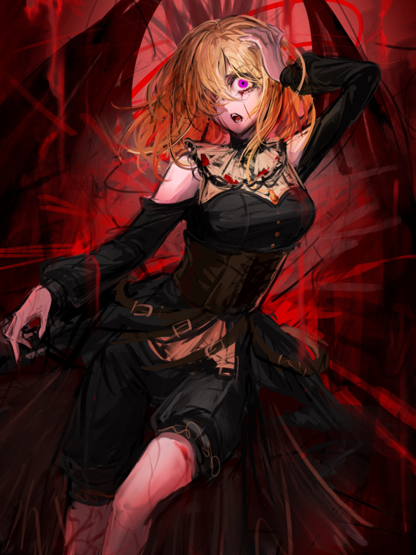 1girl, bang_dream!, bang_dream!_it's_mygo!!!!!, black_hair, black_shorts, blonde_hair, blood, blood_from_eyes, breasts, brown_corset, chinese_commentary, clothing_cutout, commentary_request, corset, doloris_(bang_dream!), hair_over_one_eye, highres, long_sleeves, looking_at_viewer, medium_breasts, medium_hair, messy_hair, misumi_uika, open_mouth, shorts, shoulder_cutout, shoushud, solo, sophie_(bang_dream!), teeth, violet_eyes