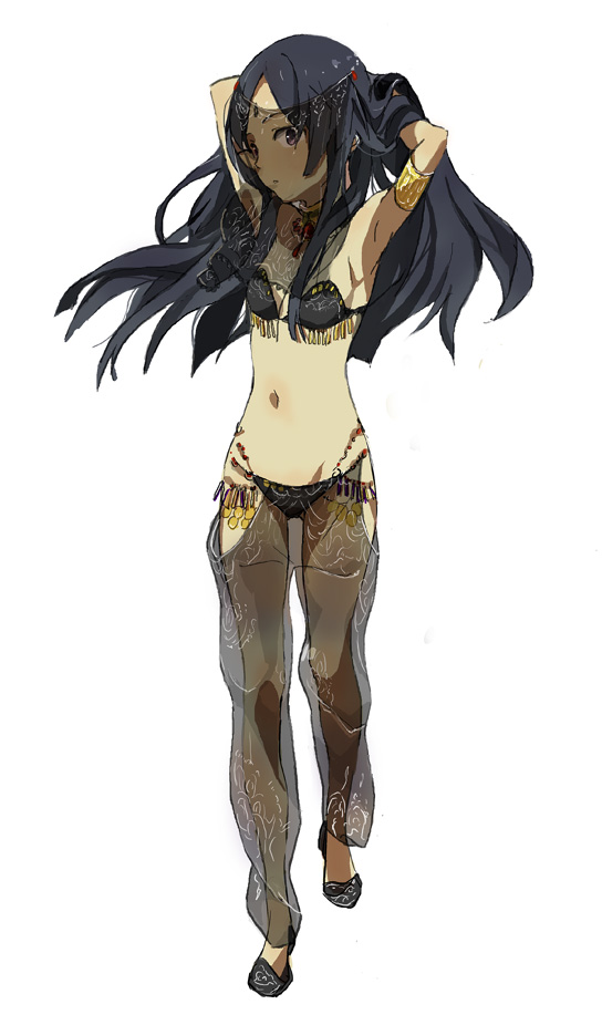 1girl, arabian_clothes, armpits, arms_behind_head, black_hair, female, flat_chest, gurunyanya, legs, long_hair, navel, original, see-through, simple_background, solo, standing, veil