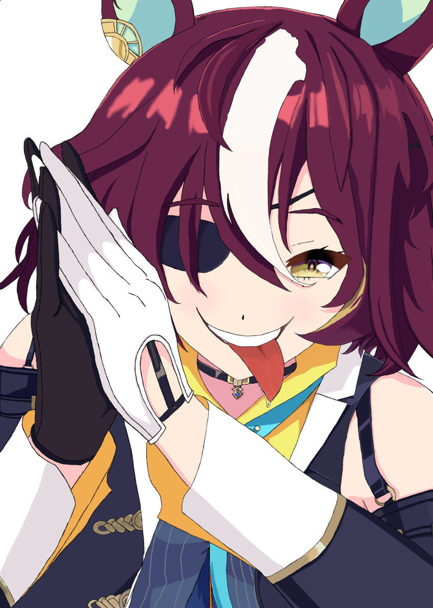 animal_ears, asymmetrical_gloves, brown_hair, eyepatch, gloves, highres, horse_ears, horse_girl, majes74, meme, mismatched_gloves, multicolored_hair, own_hands_together, saliva, shirt, tanino_gimlet_(embodiment_of_keravnos)_(umamusume), tanino_gimlet_(umamusume), tongue, tongue_out, two-tone_hair, umamusume, white_background, white_hair, yellow_eyes, yellow_shirt, zesty_sonic_(meme)
