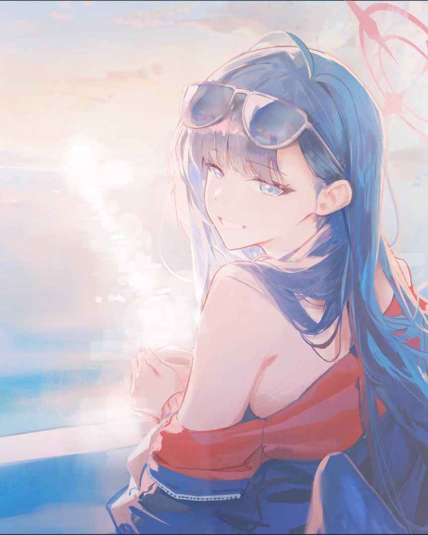 1girl, absurdres, bare_shoulders, black_hair, black_jacket, black_wings, blue_archive, blue_eyes