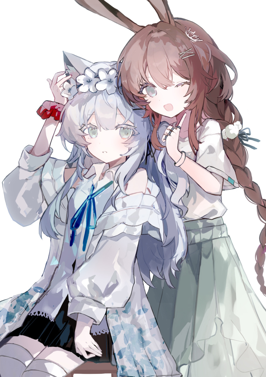 2girls, ;d, absurdres, alternate_costume, amiya_(arknights), animal_ear_fluff, animal_ears, arknights