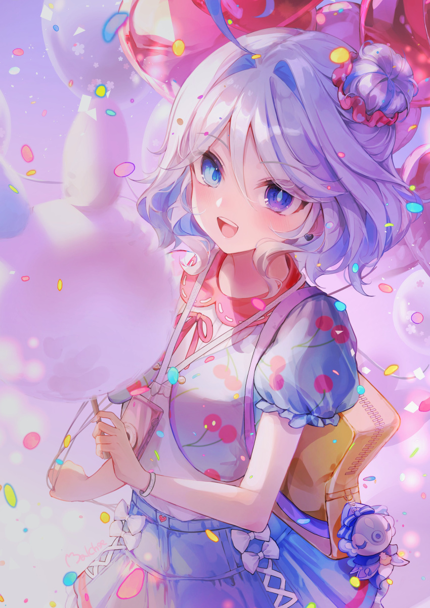 1girl, :d, absurdres, ahoge, alternate_costume, balloon, blue_eyes, blue_pupils