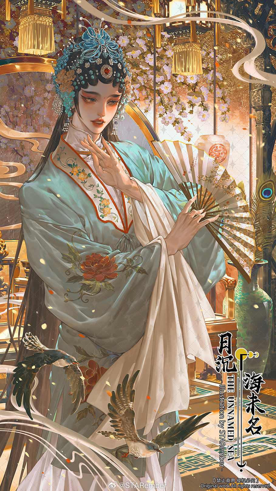 1boy, androgynous, bindi, bird, black_eyes, black_hair, blue_hanfu, branch