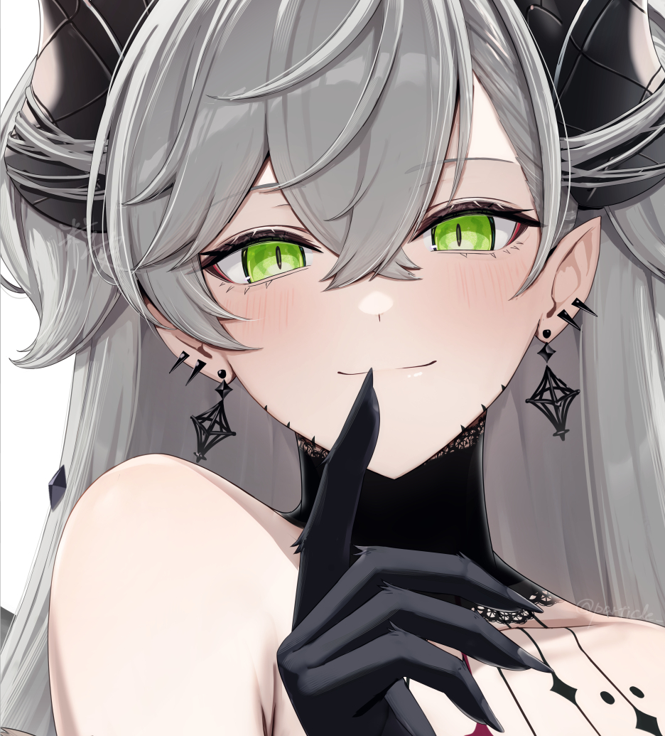 1girl, bare_shoulders, blush, chest_tattoo, colored_extremities, demon_horns, earrings, fate/grand_order