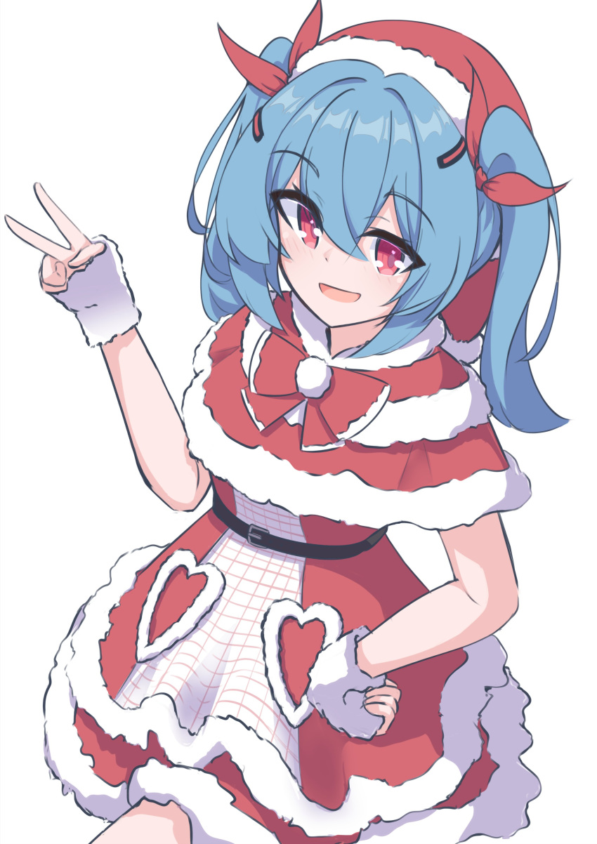 1girl, absurdres, blue_hair, colphne_(girls'_frontline_2), commentary, dress, english_commentary, girls'_frontline_2:_exilium, girls_frontline, hair_between_eyes, hat, highres, looking_at_viewer, open_mouth, red_eyes, red_ribbon, ribbon, risu_(risu028), santa_costume, santa_dress, santa_hat, short_hair, simple_background, v