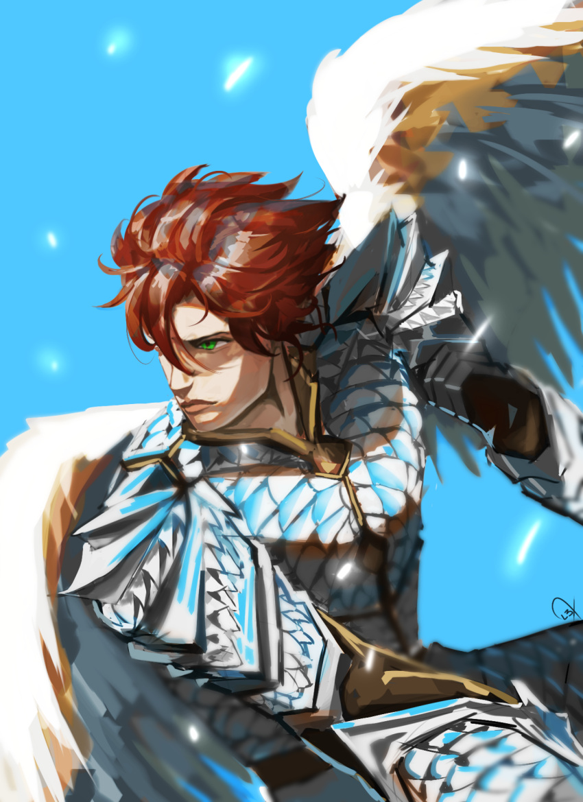 1boy, armor, brown_hair, falling_feathers, feathered_wings, feathers, green_eyes, highres