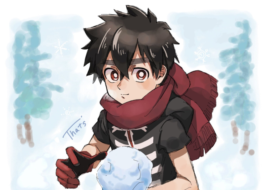1boy, black_hair, border, closed_mouth, commentary_request, gloves, hair_between_eyes, highres