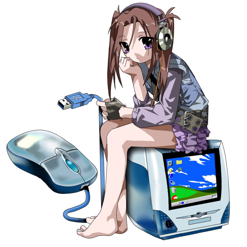 1girl, absurdres, animal_ears, bare_legs, barefoot, beanill512, black_necktie, blue_shirt