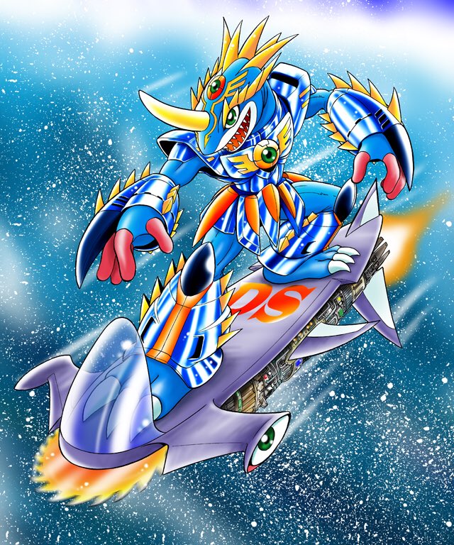 1boy, armor, blue_skin, bracer, breastplate, circular_saw, claws, colored_skin