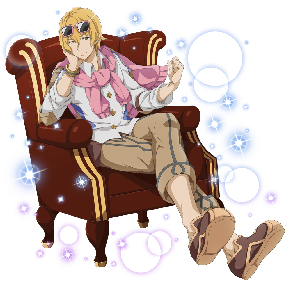 1boy, anime_coloring, blonde_hair, bracelet, brown_pants, chair, closed_mouth, crossed_legs