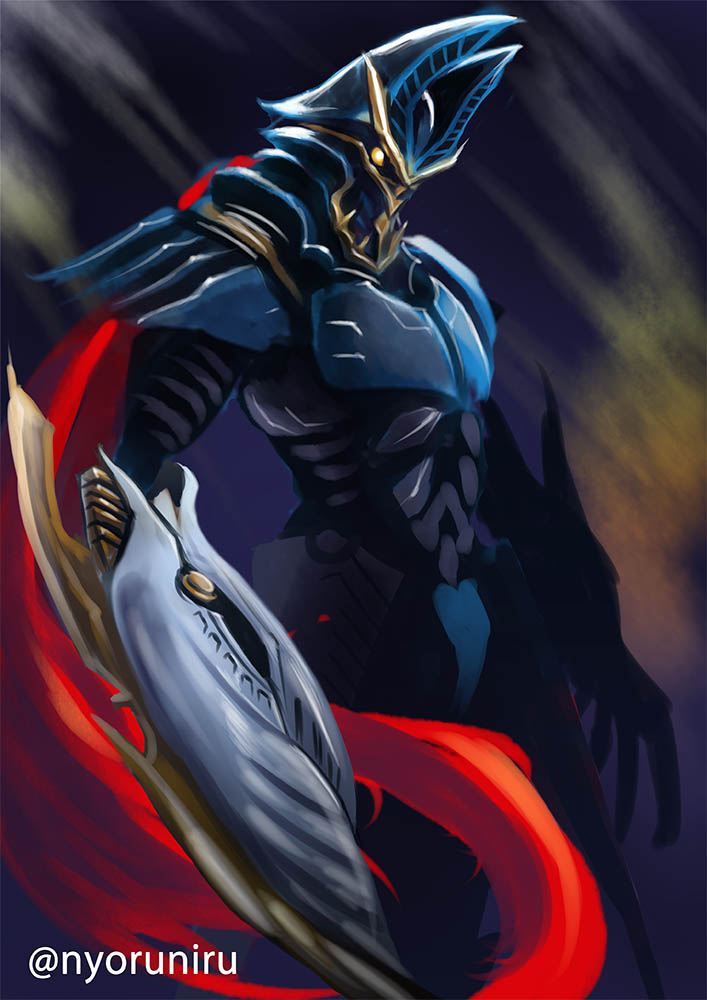 1boy, alien, arm_cannon, armor, artist_name, baltan_battler_barel, baltan_seijin, commentary_request