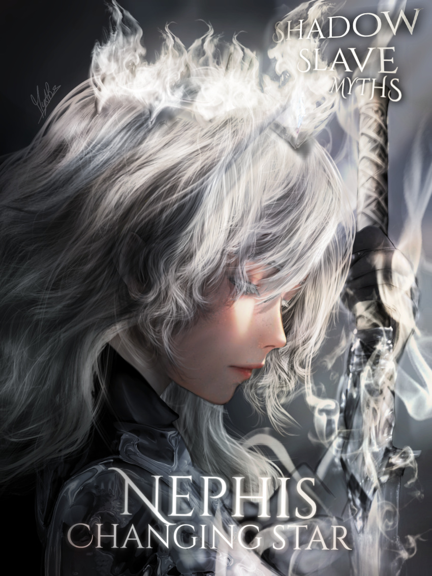 1girl, armor, black_gloves, character_name, clenched_hand, closed_eyes, commentary, copyright_name, crown, english_commentary, from_side, gloves, highres, holding, holding_sword, holding_weapon, long_hair, myths_author, nephis_(shadow_slave), planted, planted_sword, red_lips, shadow_slave, shoulder_armor, solo, sword, upper_body, weapon, white_hair