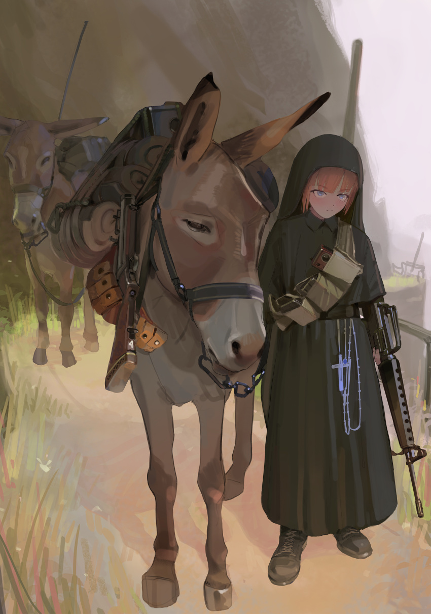 1girl, absurdres, ammunition_pouch, assault_rifle, black_boots, blue_eyes, blunt_bangs, boots