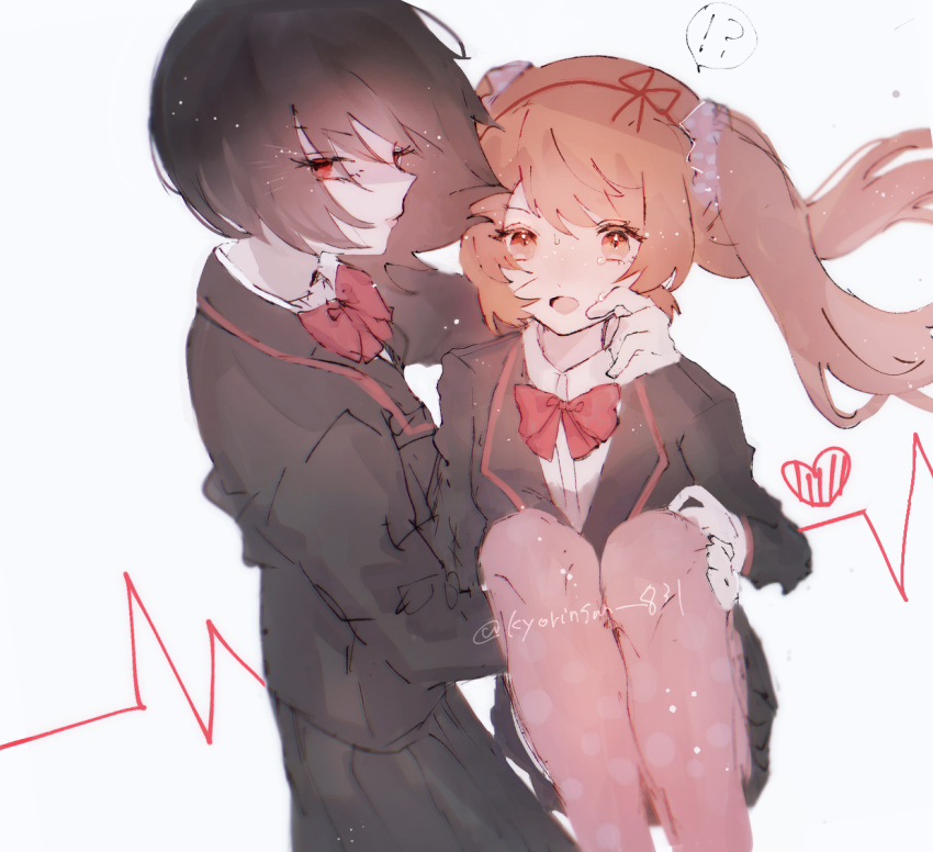 !?, 2girls, alternate_eye_color, alternate_hair_length, alternate_hairstyle, black_hair, cardiogram_print, carrying