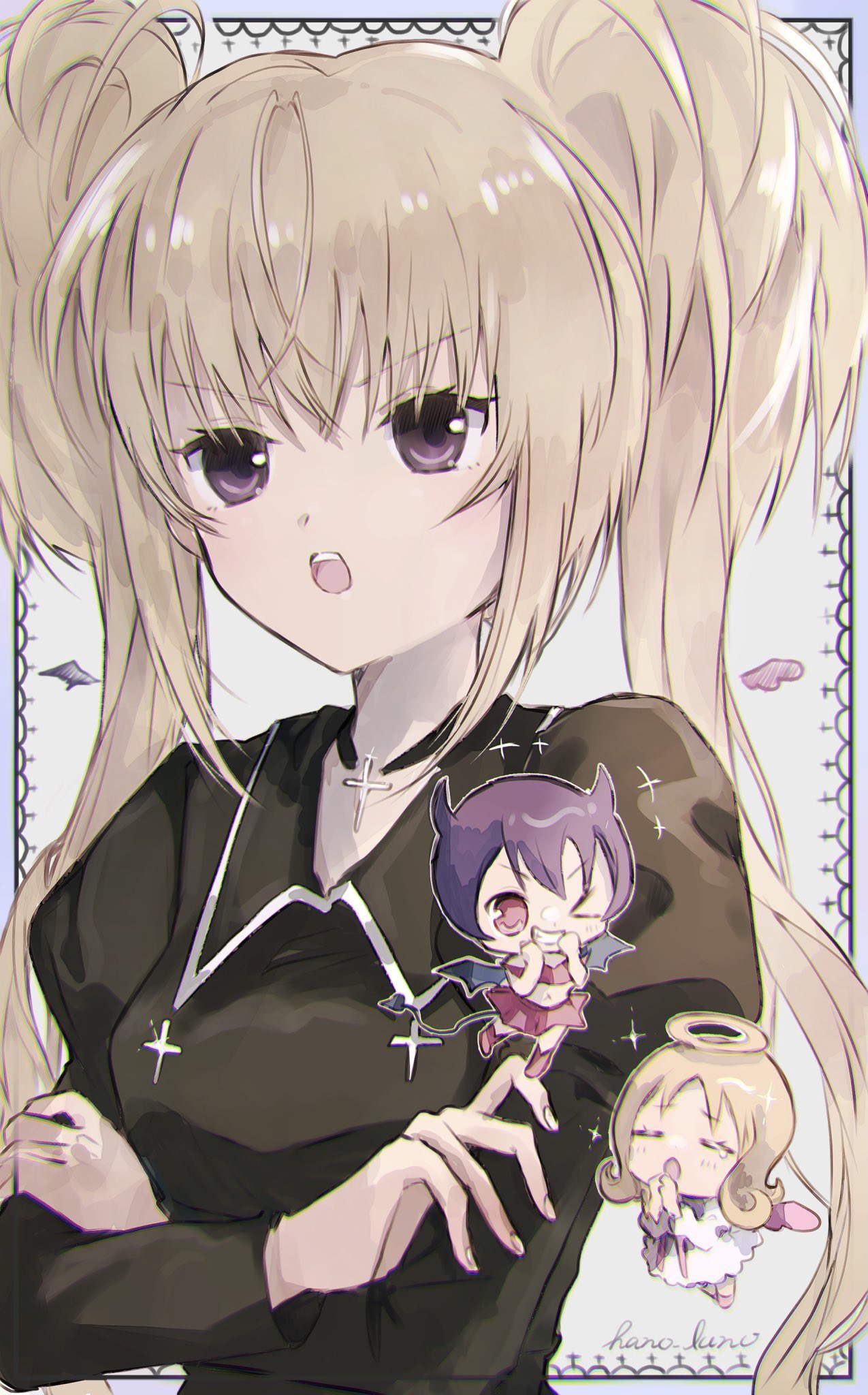 3girls, artist_name, black_dress, blonde_hair, bob_cut, chibi, chromatic_aberration, commentary_request