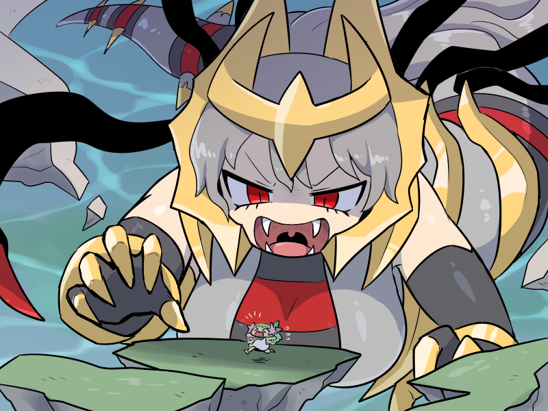 >_<, 2girls, angry, breasts, chibi, claws, commentary, fake_horns