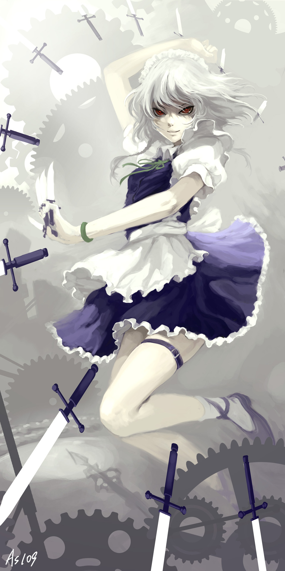 as109, between_fingers, braid, gears, highres, izayoi_sakuya, knife, legs