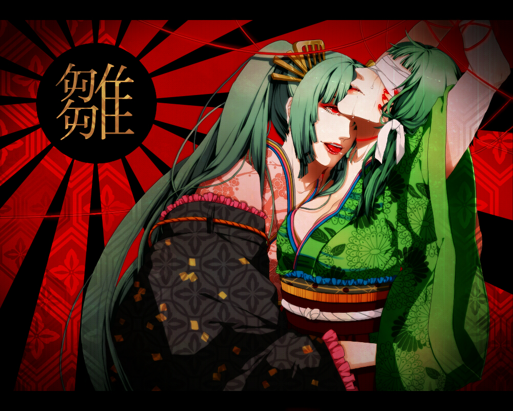 aqua_hair, arms_up, blindfold, green_hair, gumi, hatsune_miku, hina_nige_(vocaloid), japanese_clothes