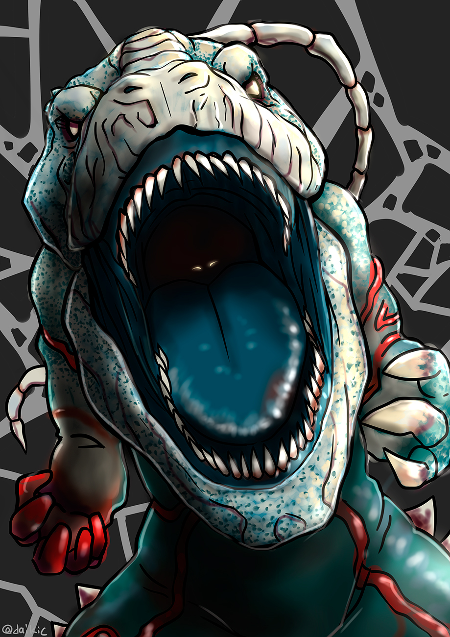 1girl, artist_name, blue_tongue, bone, bone_tail, claws, colored_tongue, glowing