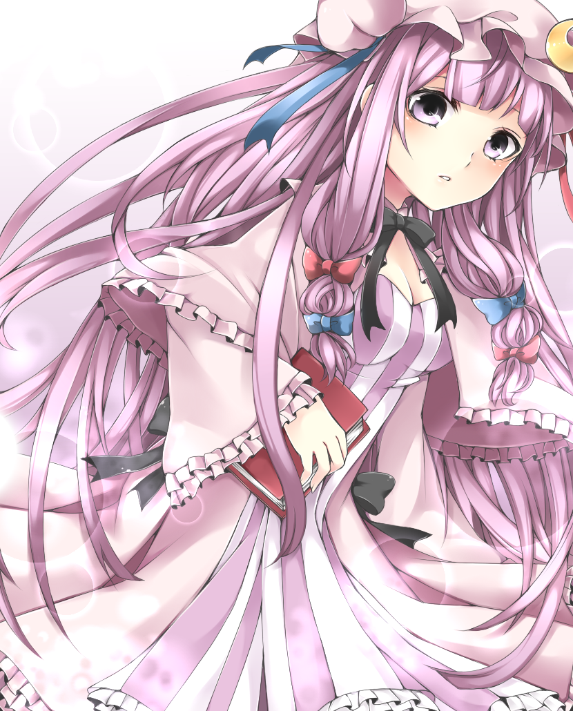 blush, book, breasts, crescent, hat, long_hair, pajamas, patchouli_knowledge