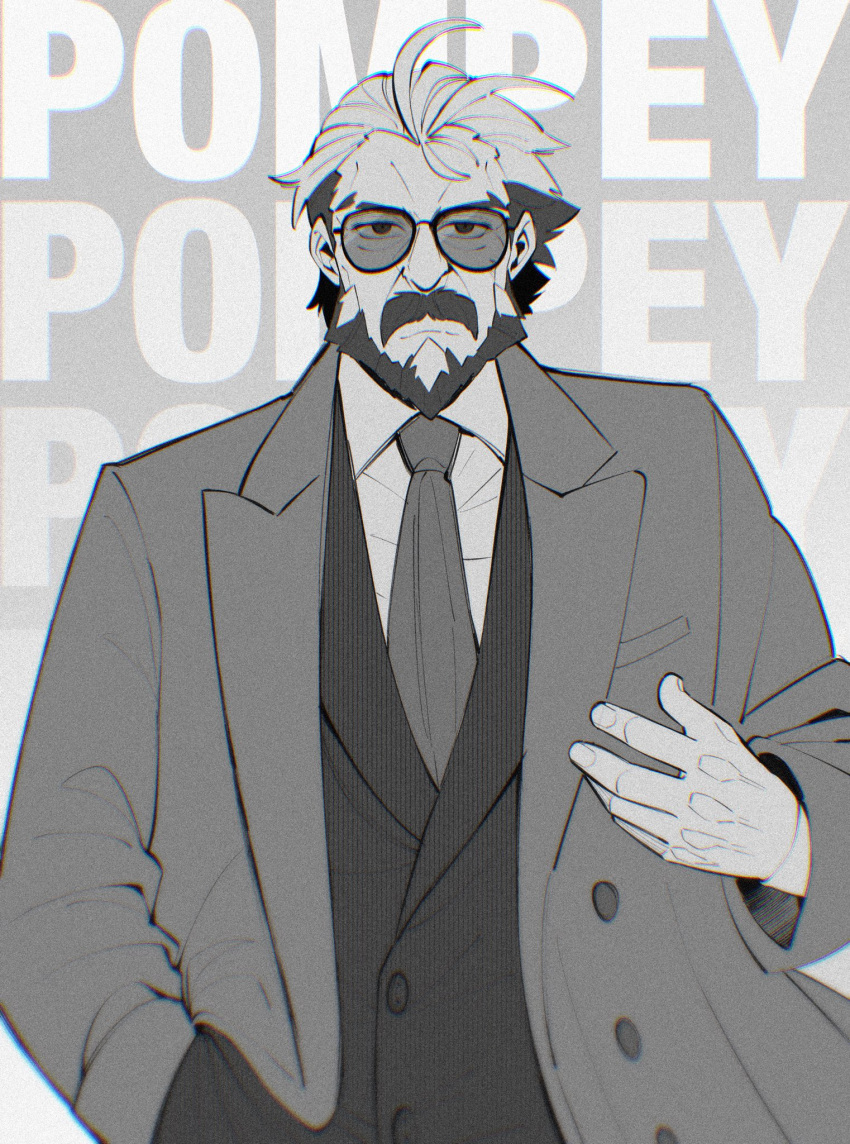 1boy, ahoge, beard, character_name, facial_hair, greyscale, hand_in_pocket, hashtag-only_commentary