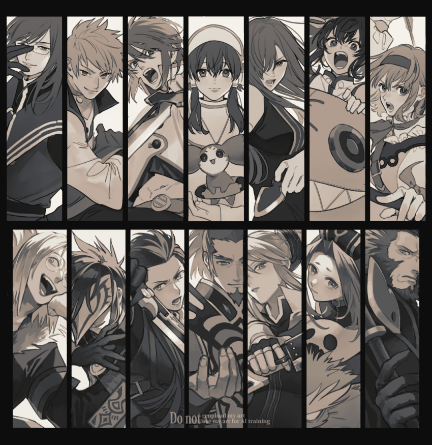 5girls, 6+boys, adjusting_eyewear, anise_tatlin, arietta_(tales), arrow_(projectile), asch_(tales), ascot