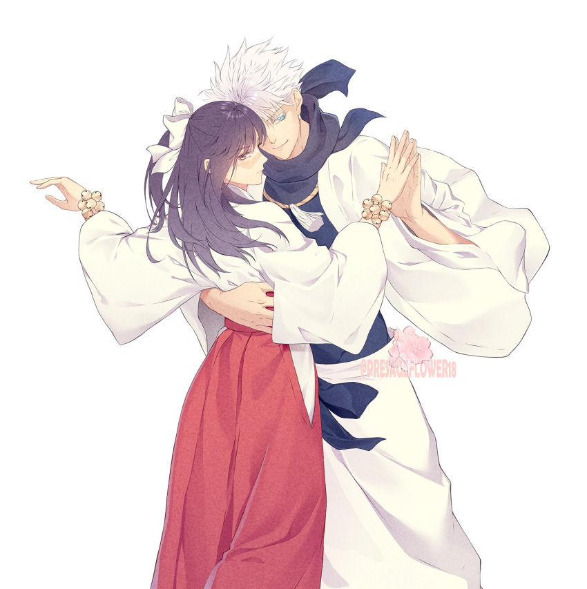1boy, 1girl, bell, black_hair, black_ribbon, black_scarf, black_shirt, blue_eyes