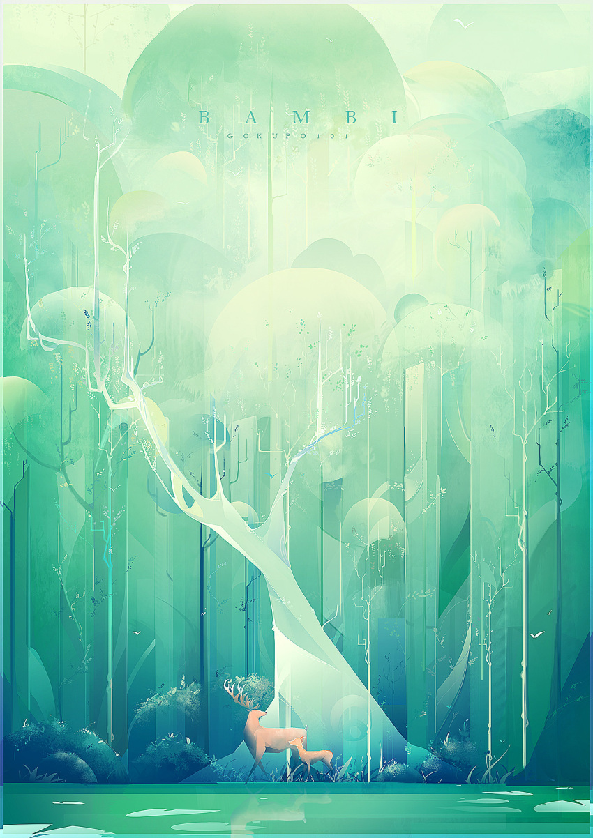 animal, antlers, artist_name, bambi_(disney), bambi_(movie), copyright_name, deer, forest, gokupo101, great_prince_of_the_forest_(bambi), green_theme, highres, horns, nature, no_humans, outdoors