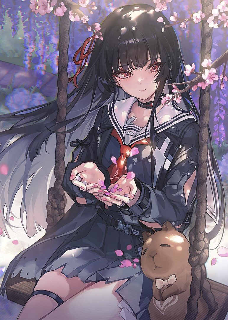 1girl, black_hair, cherry_blossoms, chisa_(wuthering_waves), commentary_request, cropped, hair_ribbon, leg_belt
