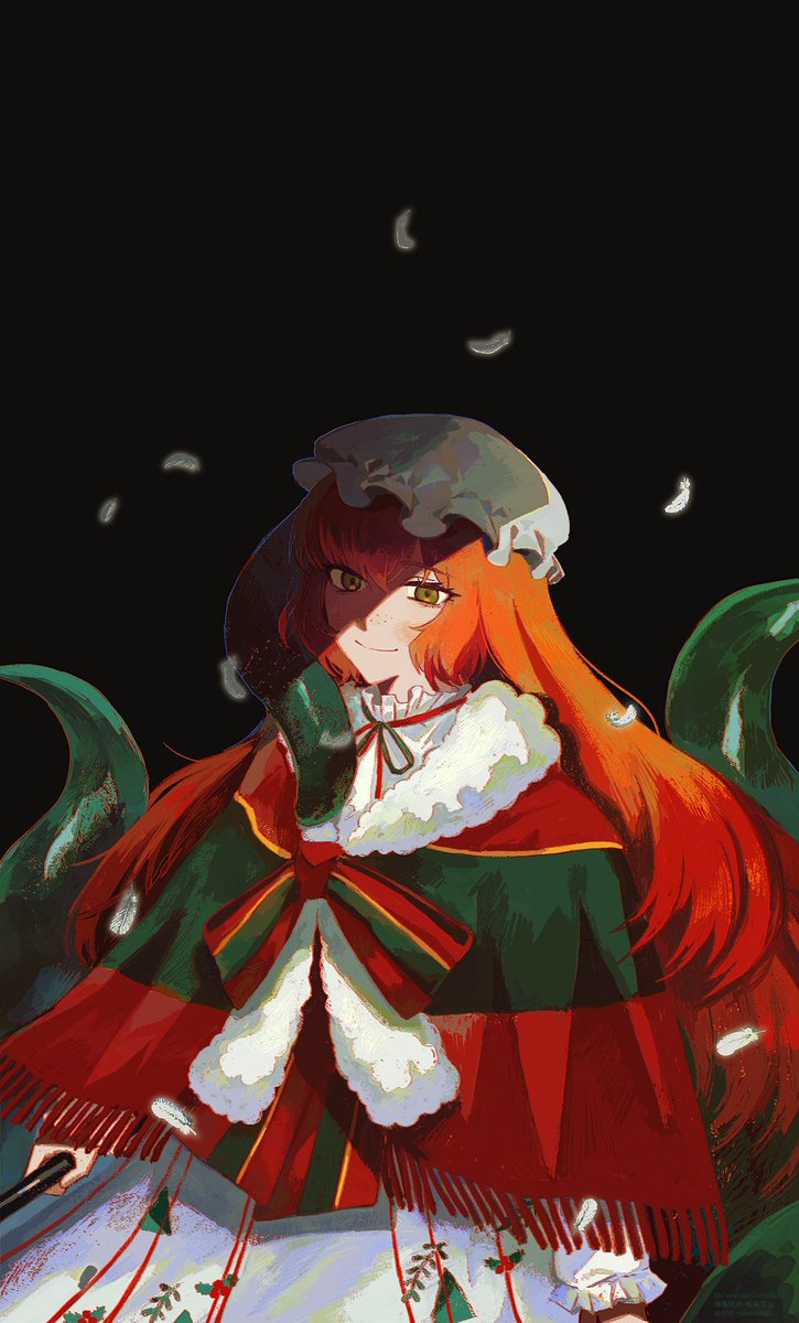 1girl, 320_ramensuki, christmas_nightmare_(e.g.o), closed_mouth, dress, e.g.o_(project_moon), falling_feathers, feathers