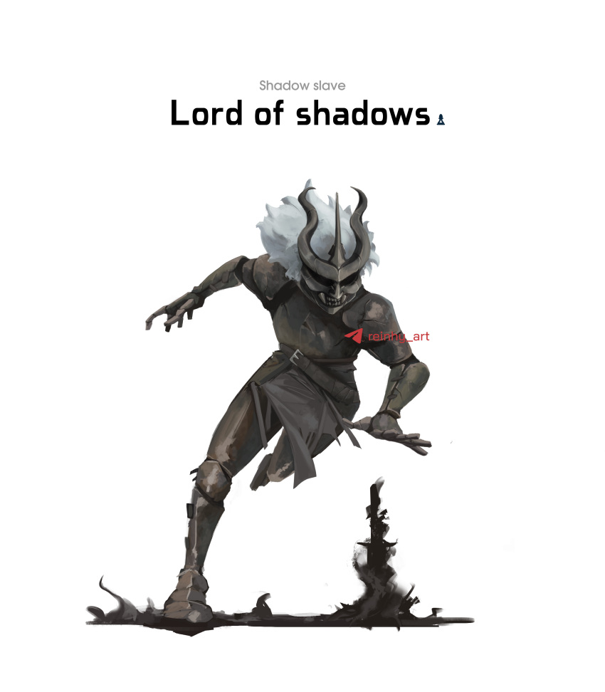 1boy, absurdres, armor, belt, commentary, copyright_name, english_commentary, highres, horns, leg_up, male_focus, mask, official_alternate_costume, outstretched_arm, outstretched_leg, pelvic_curtain, planted, planted_sword, reaching, reinhy, shadow, shadow_slave, solo, standing, standing_on_one_leg, sunny_(shadow_slave), sword, weapon, white_hair