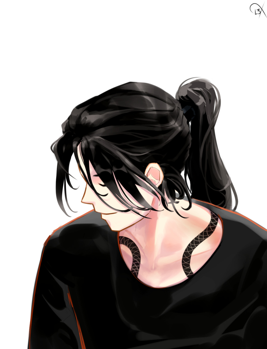 1boy, black_hair, black_shirt, closed_eyes, commentary, crew_neck, english_commentary, high_ponytail