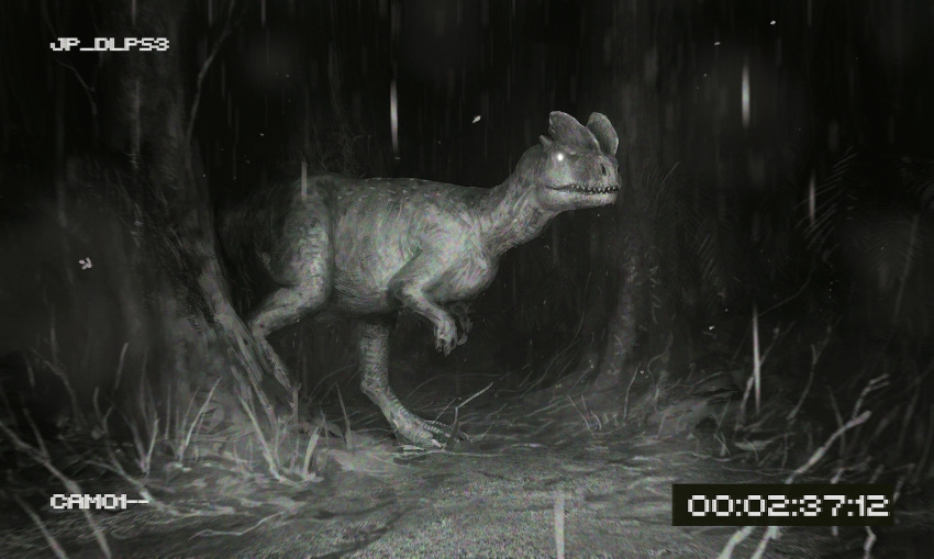 dilophosaurus, dinosaur, edouard_groult, fake_screenshot, glowing, glowing_eyes, greyscale, highres