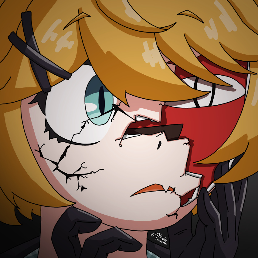 1girl, absurdres, aqua_eyes, artist_name, blonde_hair, commentary_request, cracked_kawaii_mask, dokibird