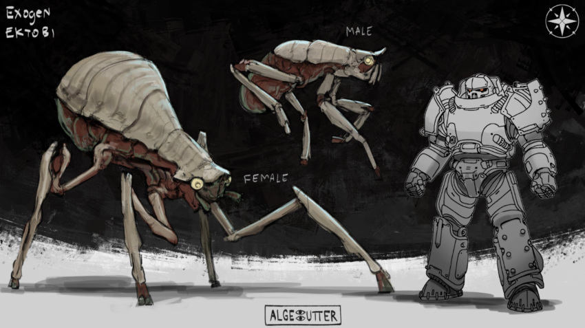 1boy, 2others, algebutter, alien, armor, arthropod, brown_carapace, creature