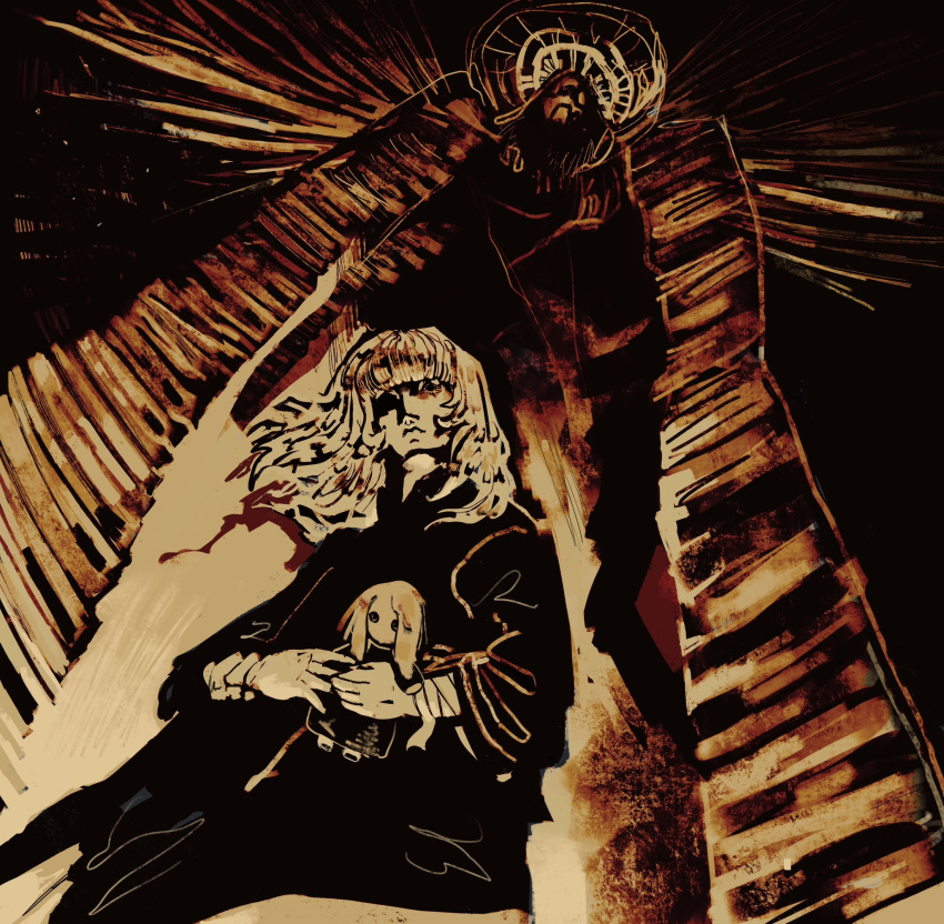 1girl, bandaged_arm, bandages, black_background, closed_mouth, commentary, doll, english_commentary, fear_&amp;_hunger_(series), fear_&amp;_hunger_1, floating_hair, highres, holding, holding_doll, ishazo_sketch, long_hair, long_sleeves, looking_down, monochrome, the_girl_(fear_&amp;_hunger), the_god_of_fear_and_hunger